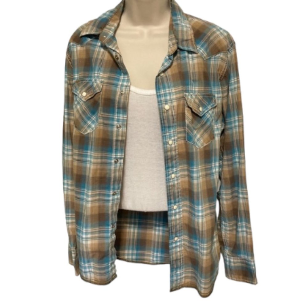 AMERICAN EAGLE OUTFITTERS Western Plaid Pearl Snap Beige Blue White Small Petite